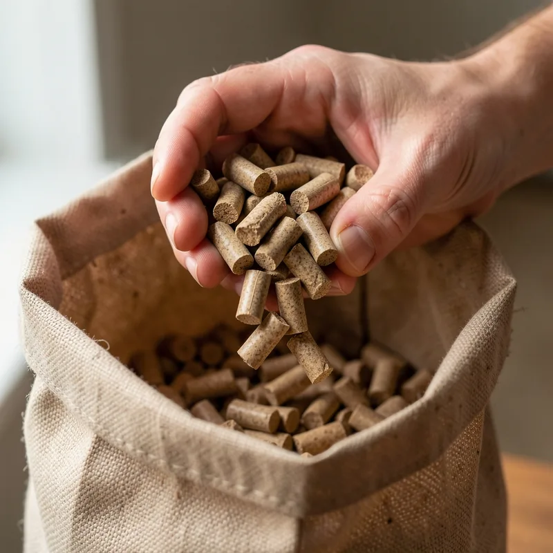 Granules de bois dans une main au-dessus d&rsquo;un sac ouvert