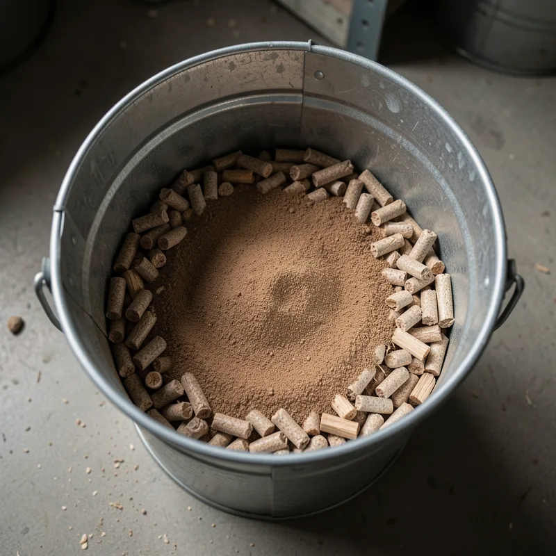 Gros plan sur des granules de bois et des fines au fond d&rsquo;un seau