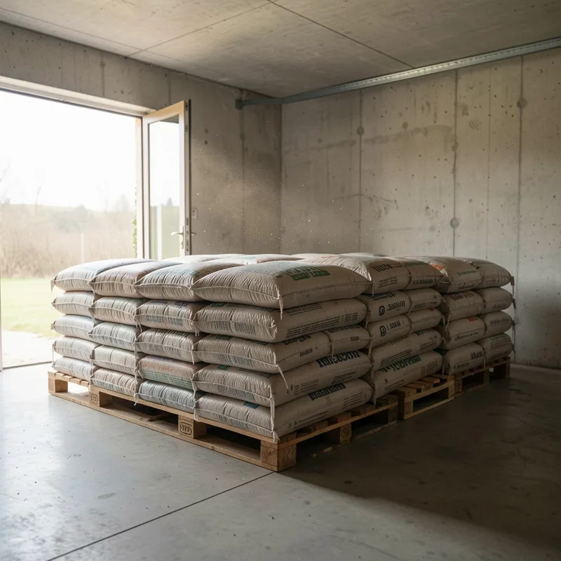 Sacs de granules stockes sur une palette dans un garage sec