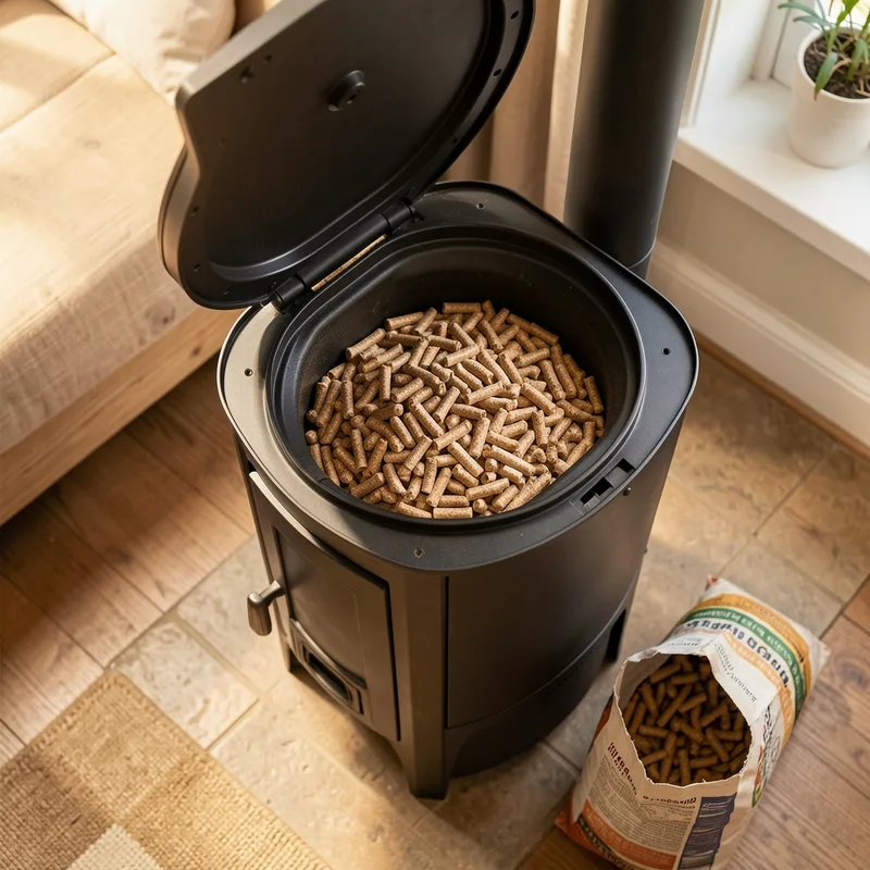 Reservoir d&rsquo;un poele a granules rempli avec sac a proximite