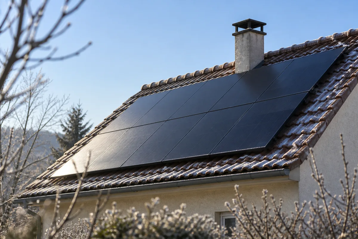 Toit de maison équipé de panneaux solaires sous un ciel d&rsquo;hiver clair