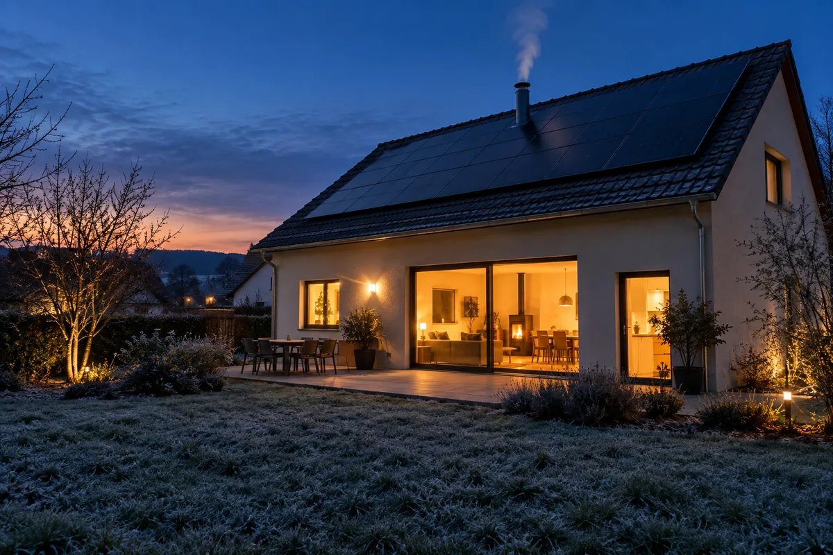 Maison la nuit avec lumière chaude aux fenêtres et toit équipé de panneaux solaires