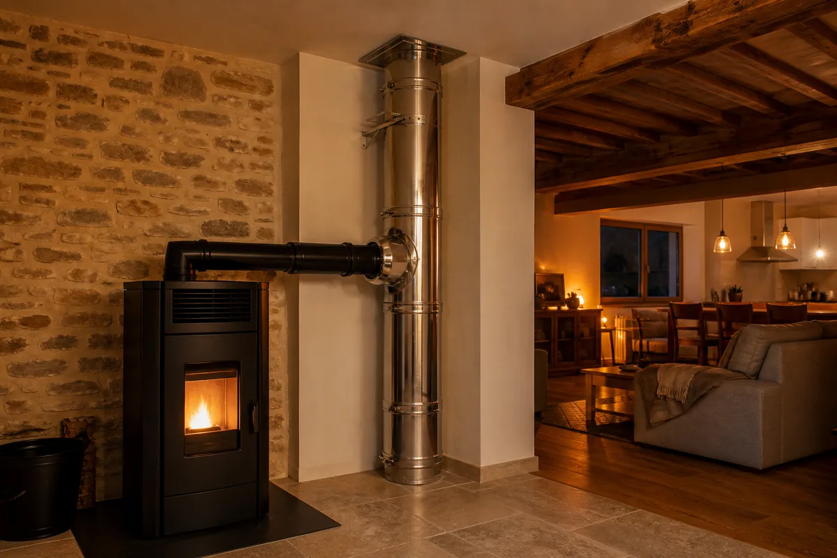 Raccordement des fumees d&rsquo;un poele a granules en conduit inox