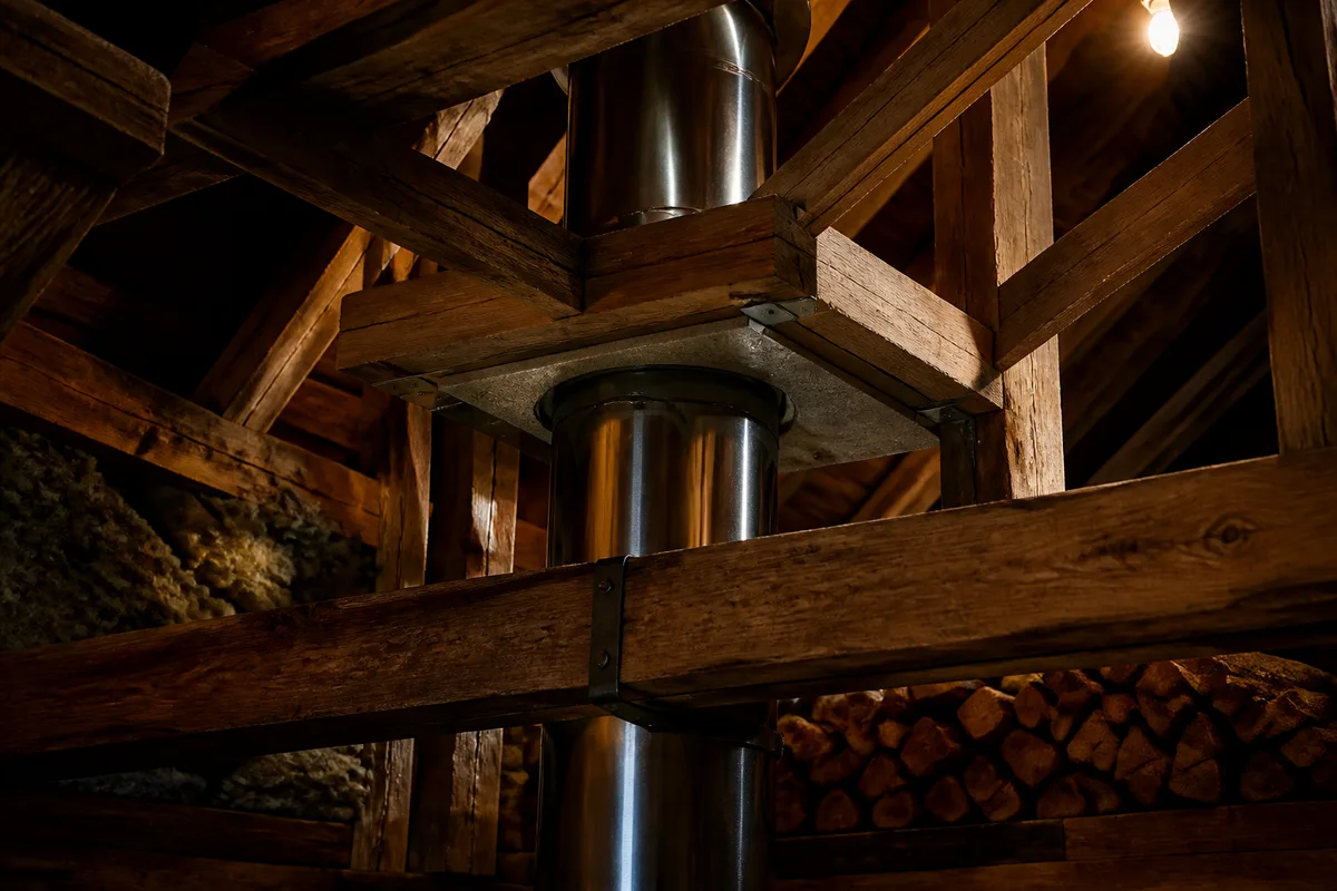 Conduit de fumee isole traversant une charpente en bois